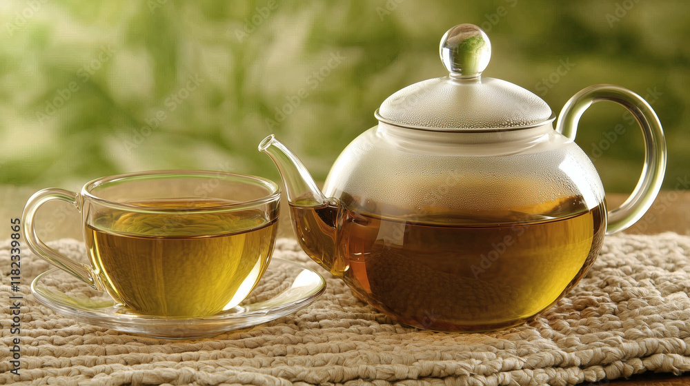 Tetera de vidrio con té verde junto a una taza en ambiente natural Tetera de vidrio con té verde junto a una taza en ambiente natural