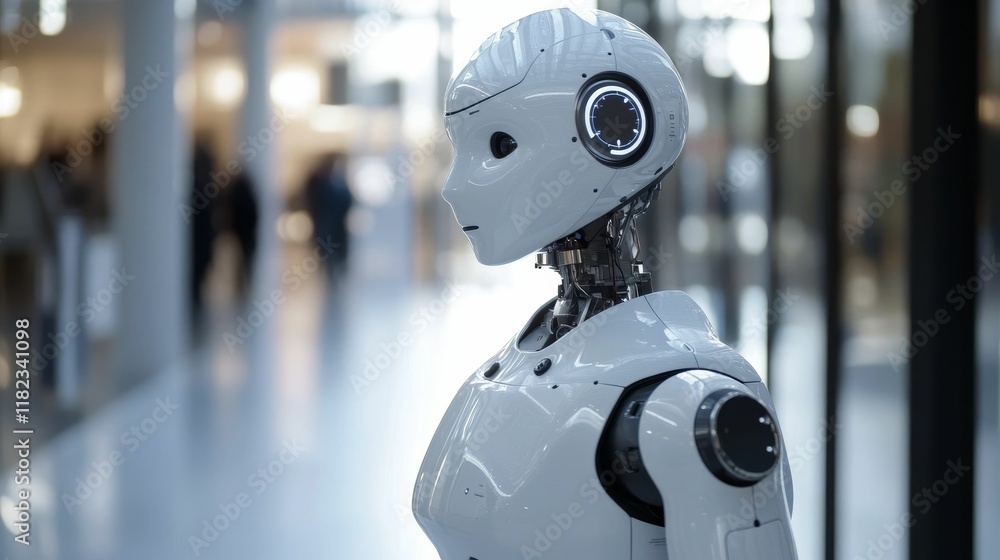 Fototapeta premium White humanoid robot, modern interior background.