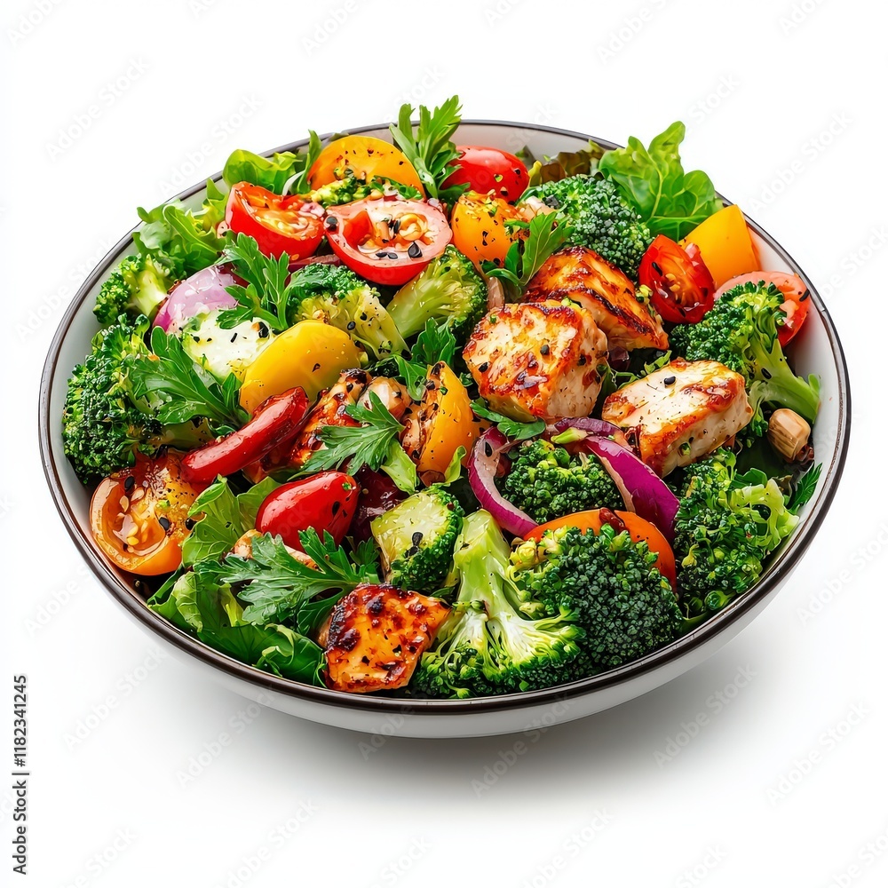 A vibrant bowl of fresh salad loaded with colorful vegetables and grilled chicken, perfect for healthy eating and meal prep. A vibrant bowl of fresh salad loaded with colorful vegetables and grilled chicken, perfect for healthy eating and meal prep.