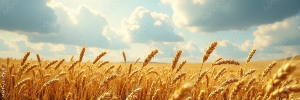 Gentle breeze rustles wheat grains under grey clouds, farmland, rural scenery Gentle breeze rustles wheat grains under grey clouds, farmland, rural scenery