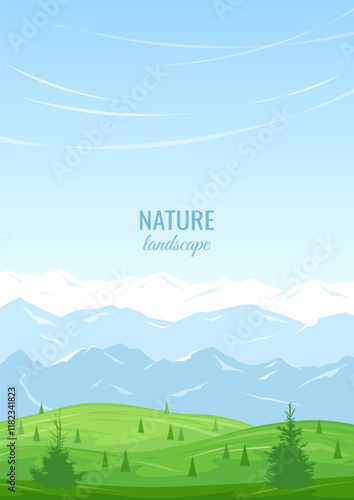 Summer landscape background in the village. Green valley with trees, high mountain ranges and blue sky. Silhouettes of fir trees. The concept of green tourism, recreation in the countryside.