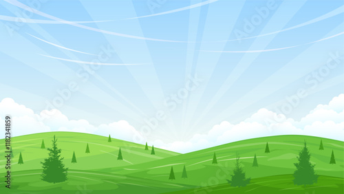 Summer landscape in the countryside. Meadows and pastures with green grass and trees. Silhouettes of fir trees in the foreground. A warm sunny day. Vector image.