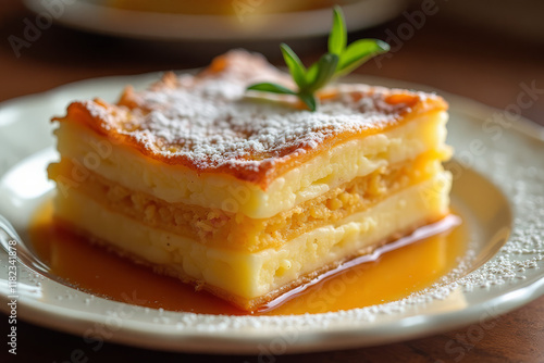 Greek galaktoboureko layered style with custard flavor representing traditional pastry. photo