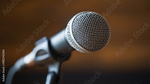 Close-up of a professional speaker giving a keynote speech at a conference, with audience in the background applauding