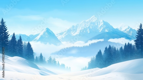 Wallpaper Mural The winter scene features snow-covered hills and distant mountains peeking through a blanket of fog, evoking a peaceful and ethereal atmosphere. Torontodigital.ca