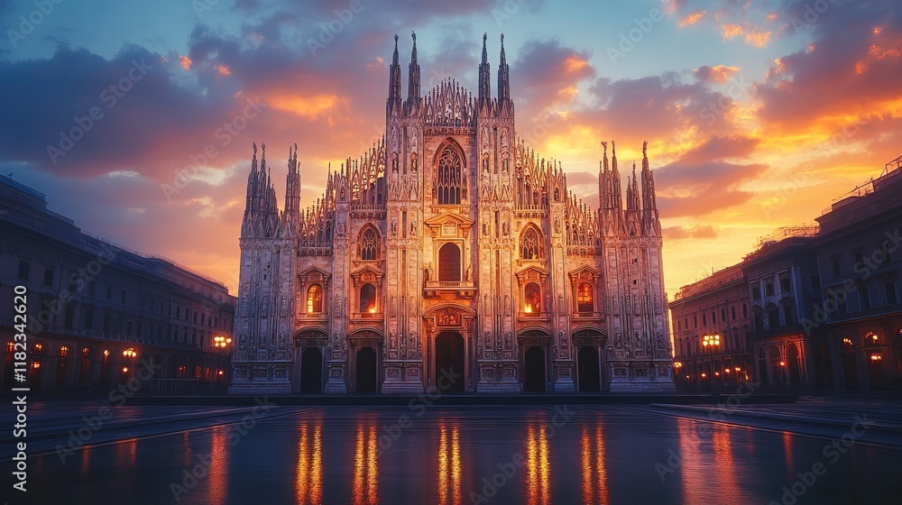 Fototapeta premium Massive Gothic cathedral with towering spires, stained glass windows, and ornate details, twilight setting 