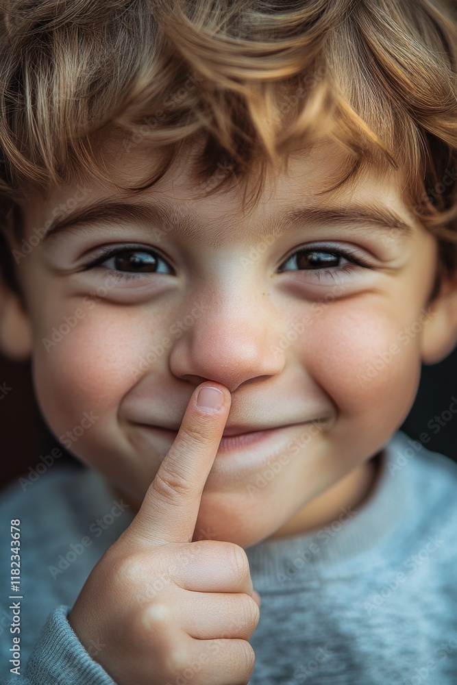Child smiling while playfully touching his nose in a close-up portrait captured outdoors during daylight hours Child smiling while playfully touching his nose in a close-up portrait captured outdoors during daylight hours