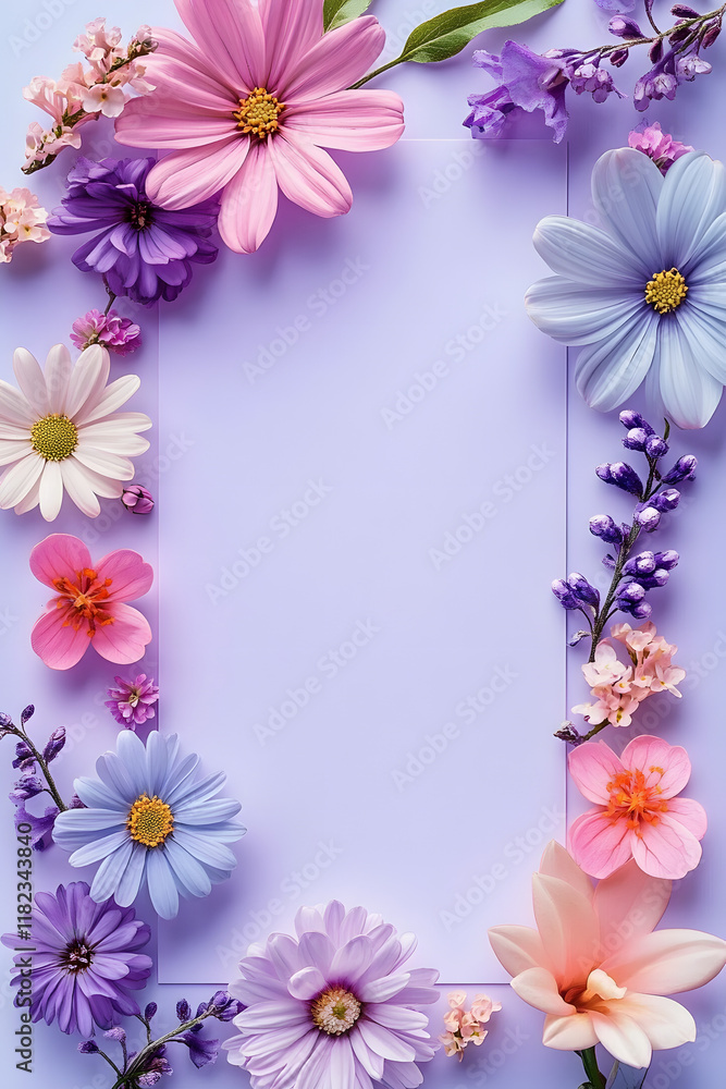 Frame with colorful flowers on clear pastel purple background. Greeting card design for holiday, Mother's day, Easter, Valentine day. Springtime composition with copy space. Flat lay, top view Frame with colorful flowers on clear pastel purple background. Greeting card design for holiday, Mother's day, Easter, Valentine day. Springtime composition with copy space. Flat lay, top view