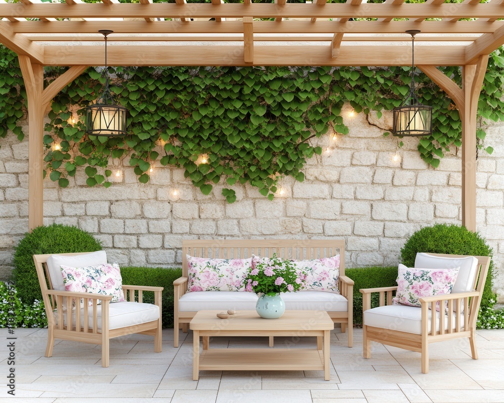 Provenсal terrace with pergola and floral cushions Provenсal terrace with pergola and floral cushions