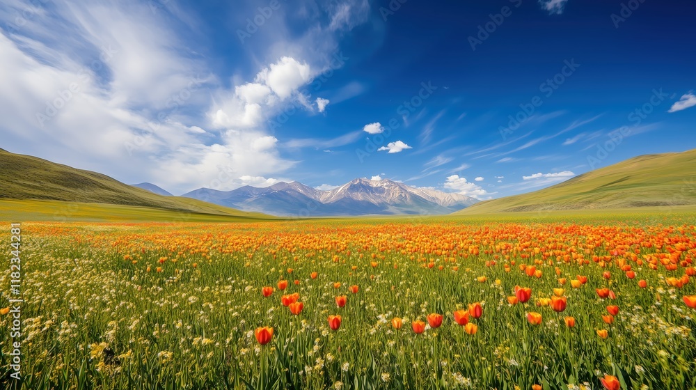 The tulip field bursts with vivid colors under a sunny blue sky, set against a breathtaking backdrop of distant mountains.