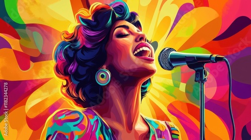 Vibrant female singer passionately performing with a microphone against a colorful abstract background during a lively music event