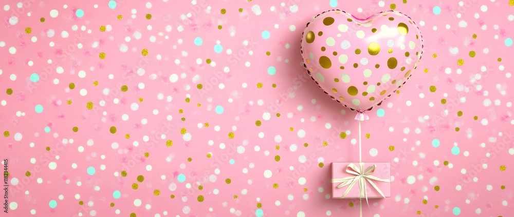 Valentines Day banner showcasing pink and gold heart foil balloons adorned with gifts on a pink backdrop. Perfectly romantic with copy space Valentines Day banner showcasing pink and gold heart foil balloons adorned with gifts on a pink backdrop. Perfectly romantic with copy space