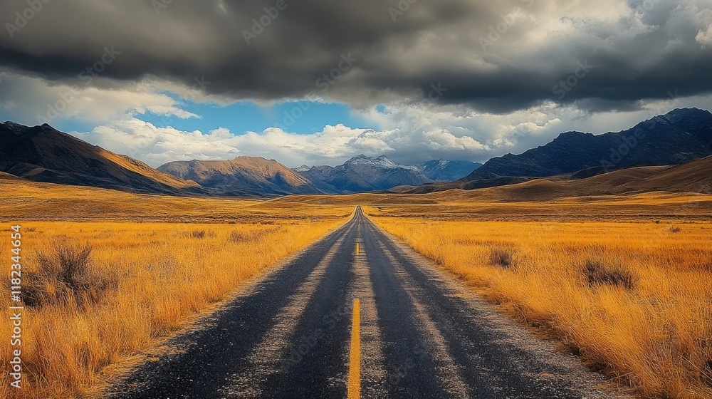 Road stretching through golden fields under dramatic clouds in a mountainous landscape during late afternoon light Road stretching through golden fields under dramatic clouds in a mountainous landscape during late afternoon light