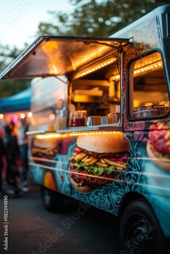 Modern burger food truck serving at a vibrant market