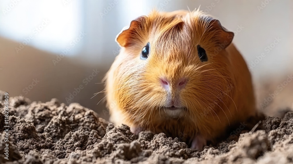 A close-up of a cute guinea pig sitting on the ground. A close-up of a cute guinea pig sitting on the ground.