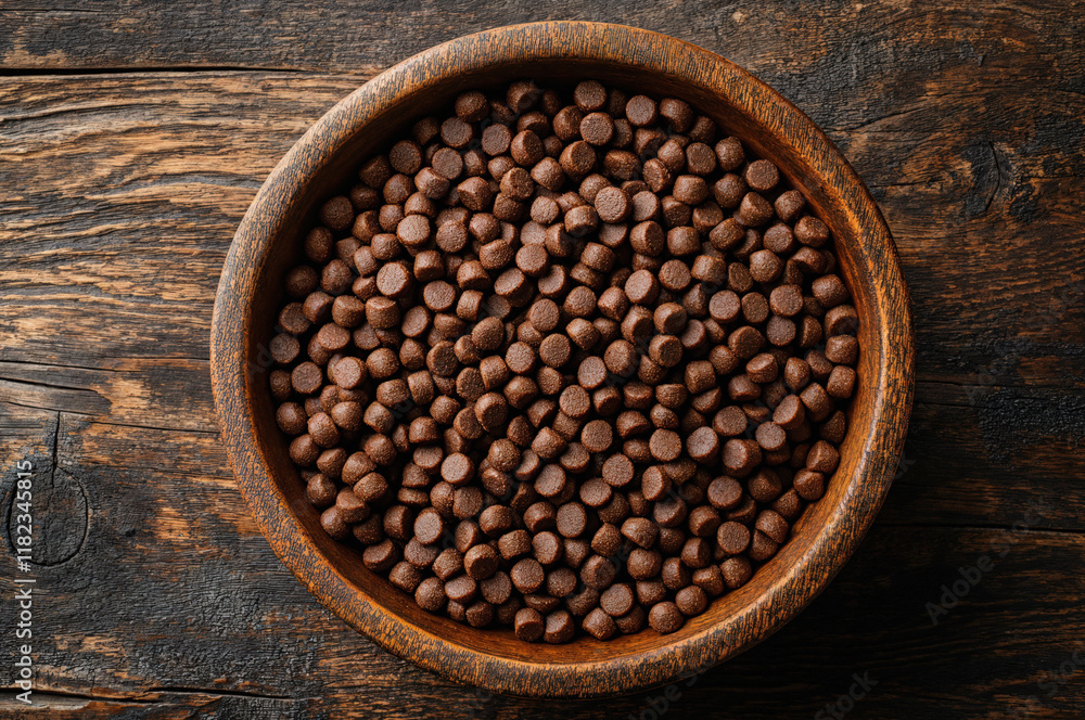 Bowl of dry pet food kibble on rustic wooden table background Bowl of dry pet food kibble on rustic wooden table background