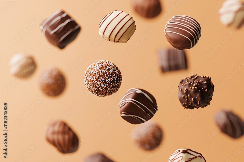 Fototapeta premium A bunch of chocolates that are flying in the air