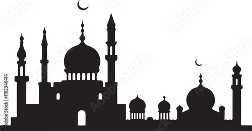 Islamic mosque silhouette vector Black silhouette of a Islamic mosque and crescent with lanterns. Eid Mubarak logo. vector illustration