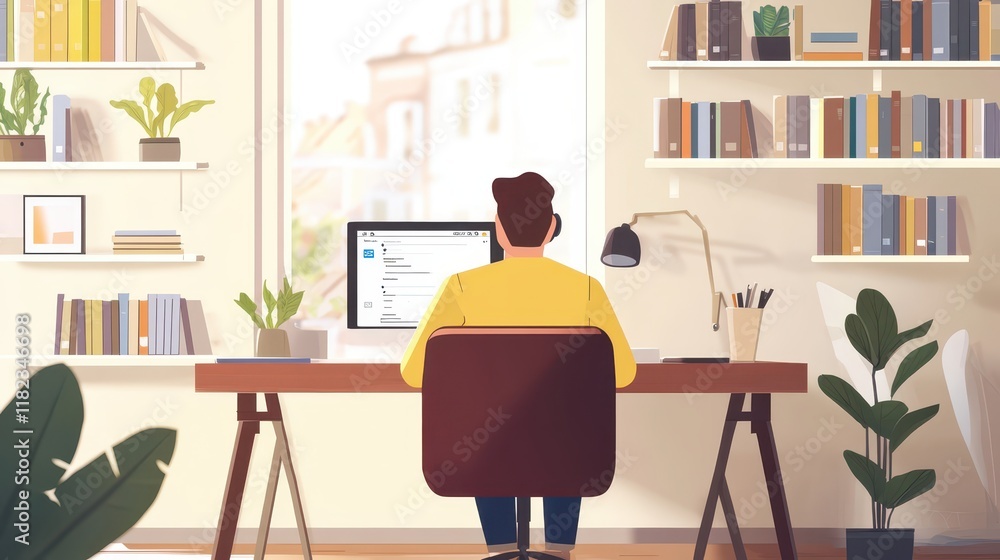 Fototapeta premium A remote worker having a video call from a cozy home office, with bookshelves and natural light, symbolizing virtual collaboration