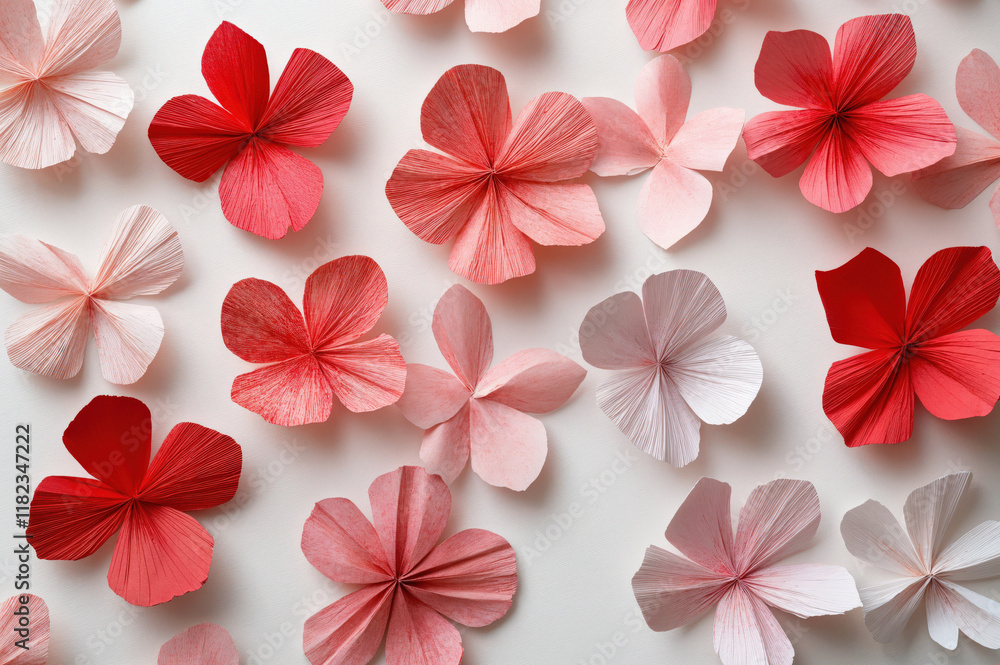 Handcrafted paper flowers in shades of red and pink on a light surface Handcrafted paper flowers in shades of red and pink on a light surface
