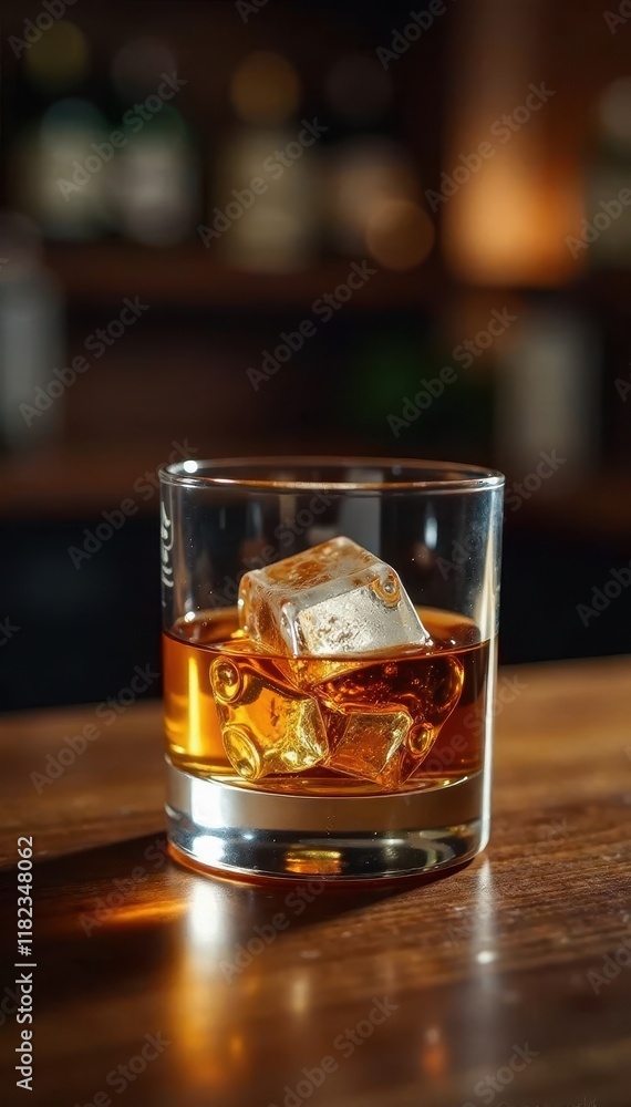 Wooden bar counter displays a single glass of whiskey with melting ice cubes, whiskey, liquid Wooden bar counter displays a single glass of whiskey with melting ice cubes, whiskey, liquid