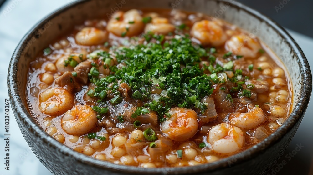 Close-up of a bowl of hearty shrimp and pearl barley stew, garnished with fresh chives. Close-up of a bowl of hearty shrimp and pearl barley stew, garnished with fresh chives.