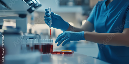 Scientist using pipette for blood analysis in a laboratory, Medical research with focus on blood sample testing