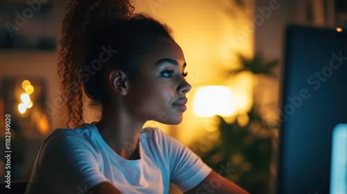 A young woman attending an online fitness class at home, following along with the instructor, promoting health and exercise at home photo