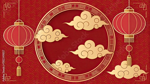 Auspicious Cloud Pattern with Red and Gold Lanterns, Circular Frame, Chinese New Year Atmosphere, Flat Design, High-Resolution, No Text, Simple Background.