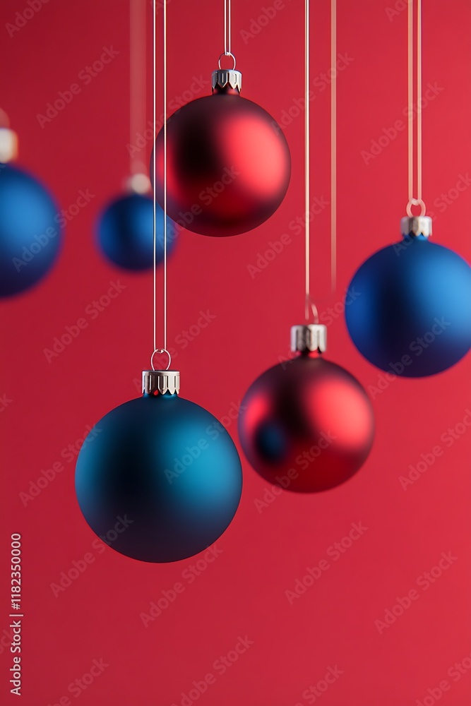 Fototapeta premium Red and blue Christmas baubles hanging against a red background.