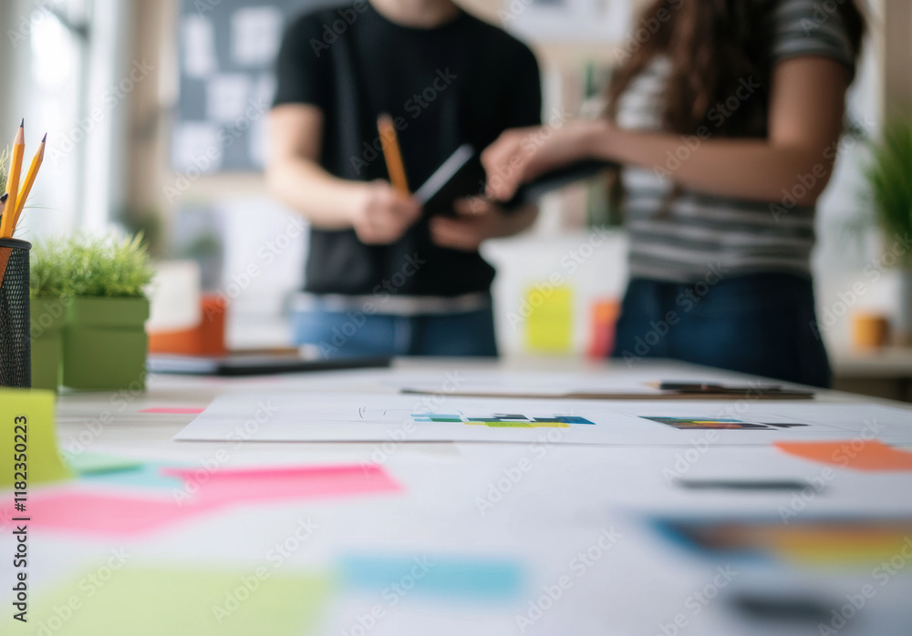 Fototapeta premium young individuals working on a project, with hands writing and sticky notes scattered, is ideal for promoting project management and business services.