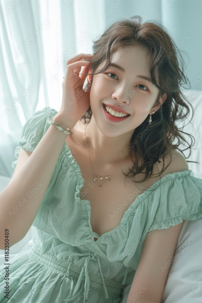 The pastel green attire emphasizes her glowing skin and gentle features, creating a calming and elegant vibe. The pastel green attire emphasizes her glowing skin and gentle features, creating a calming and elegant vibe.