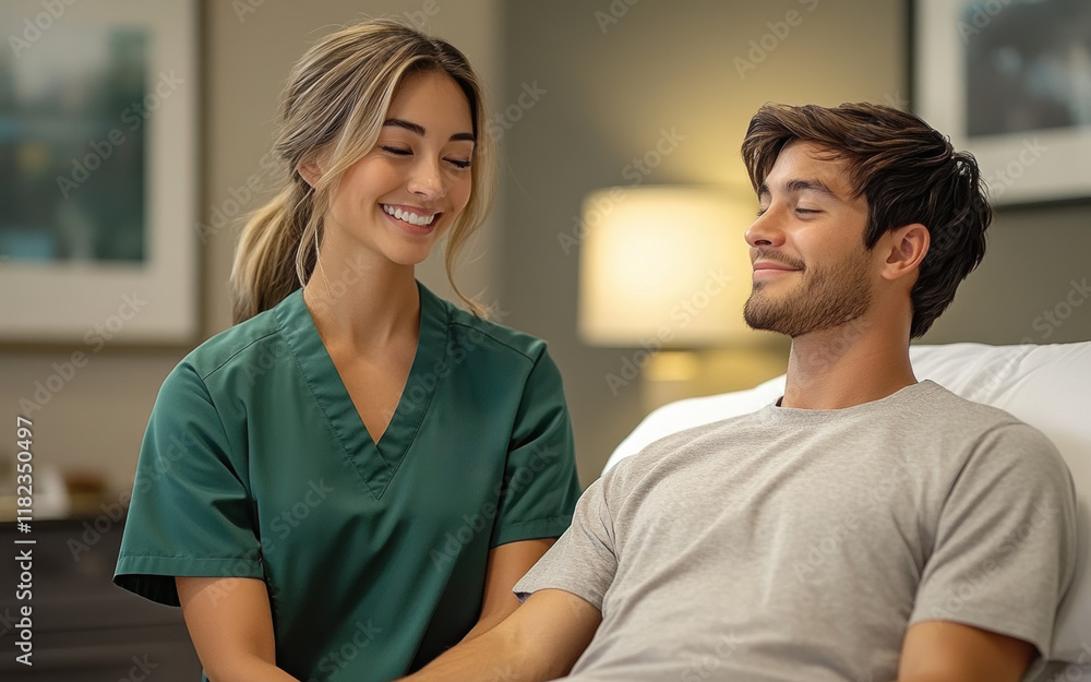A smiling massage therapist in a green uniform delivers a soothing massage to a male client in a tranquil spa room, highlighting wellness and relaxation. A smiling massage therapist in a green uniform delivers a soothing massage to a male client in a tranquil spa room, highlighting wellness and relaxation.