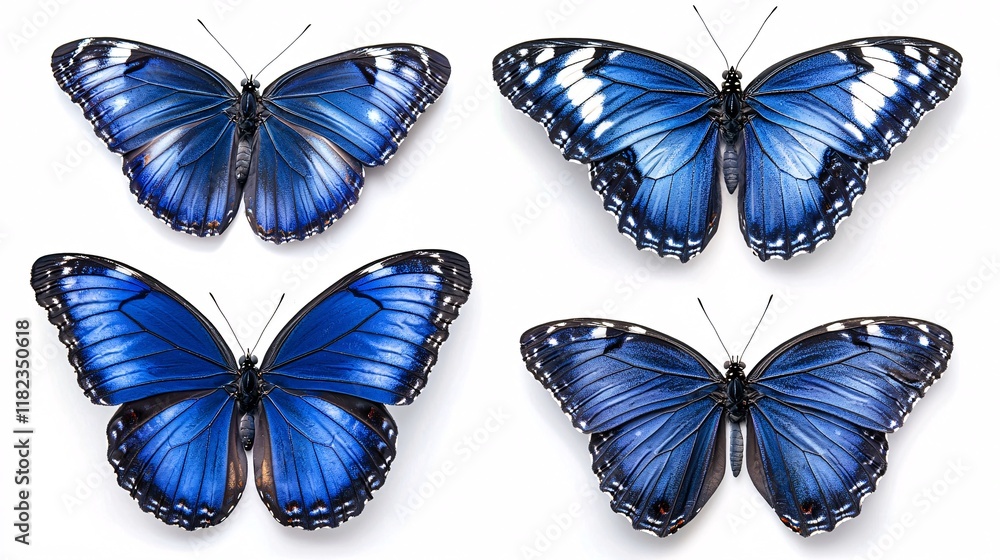 Four vibrant blue morpho butterflies isolated on white background. Four vibrant blue morpho butterflies isolated on white background.