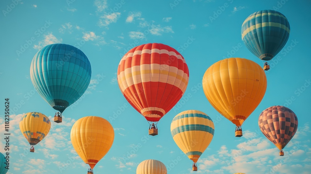 Colorful hot air balloons floating in a vibrant blue sky. Colorful hot air balloons floating in a vibrant blue sky.
