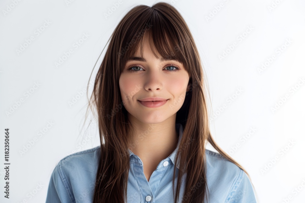 soft features long hair, smiles gently woman while wearing blue shirt against simple plain background. Her relaxed posture calm expression convey sense of ease natural beauty. soft features long hair, smiles gently woman while wearing blue shirt against simple plain background. Her relaxed posture calm expression convey sense of ease natural beauty.