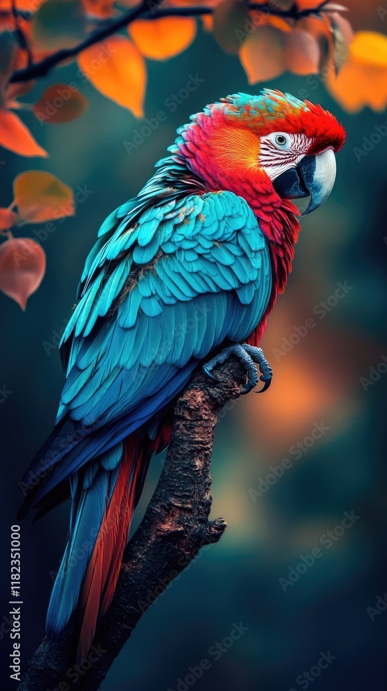 Obraz premium A vibrant parrot perched on a branch, showcasing its colorful feathers against a blurred background.