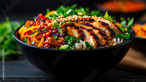 f0b Teriyaki burrito bowl with rice, grilled chicken, and Asian slaw topped with sesame seeds photo