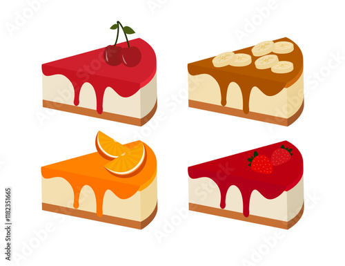 strawberry, cherry, orange, banana cake slices, vector illustration