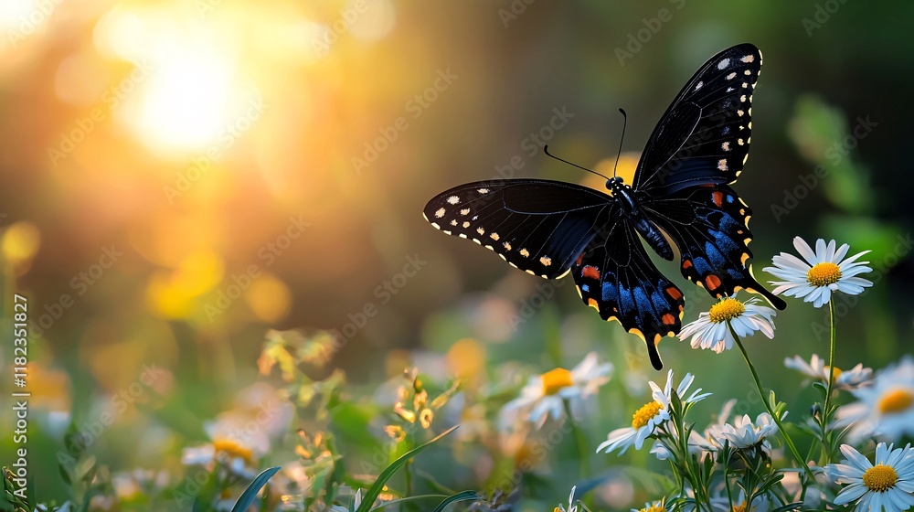 Black butterfly in flight over daisies at sunrise. Black butterfly in flight over daisies at sunrise.