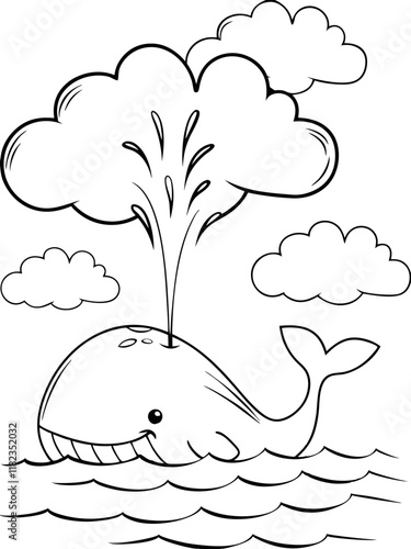 Cute Whale Cartoon, Ocean Spray, Clouds, Coloring Page, Simple Drawing