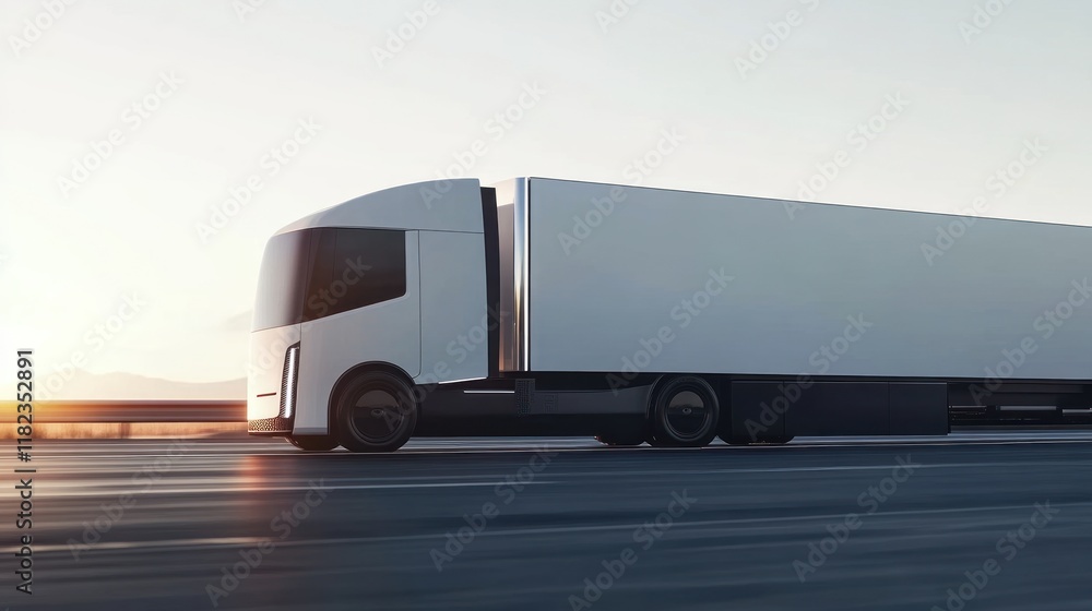 Futuristic White Semi-Truck on Highway at Sunset
