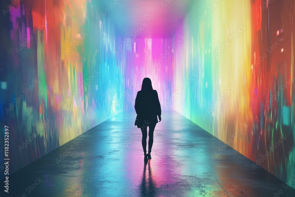 Silhouette walks vibrant, colorful tunnel. Silhouette walks vibrant, colorful tunnel.