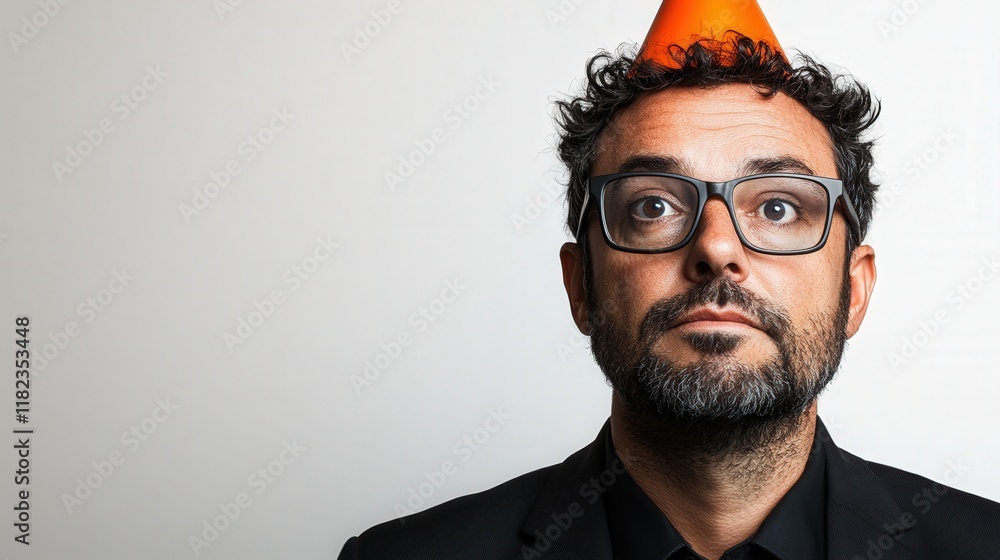 Fototapeta premium A man with glasses and a small orange party hat looks at the camera with a confused expression. This image could be used for birthdays, celebrations, or unexpected events.