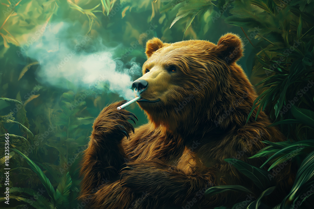 Bear smoking cigarettes in the jungle. generative AI Bear smoking cigarettes in the jungle. generative AI