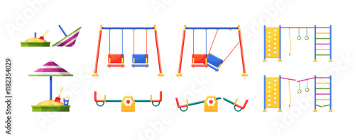 Playground in children area in park, kindergarten or school yard. Broken kids seesaw, swing, horizontal bar with ladder damaged of accident, storm wind or vandalism, sandpit with umbrella, vector set