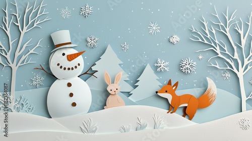 Fototapeta Naklejka Na Ścianę i Meble -  Paper cut-out winter scene with playful animals and snowman