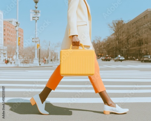 Stylish Walk Professional Woman in Bright Orange Outfit Crossing City Street photo