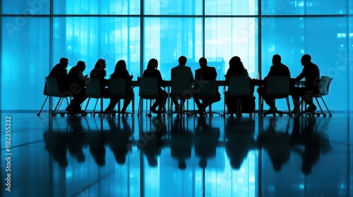 A group of business professionals collaborating in a meeting room, discussing ideas and strategies, symbolizing innovation and teamwork in business
