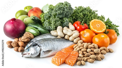 Fototapeta Naklejka Na Ścianę i Meble -  Assorted fresh vegetables fruits nuts and fish for a balanced diet on a white background.